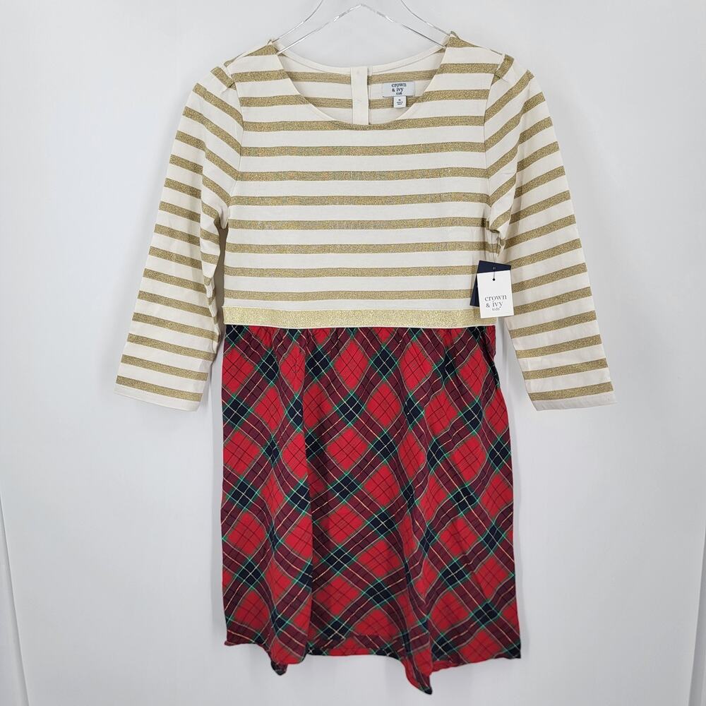 Crown and Ivy Kids Girls Dress Size XL Red Plaid Striped Shimmer Gold Holiday